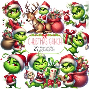 Clipart de Grinch navideño en acuarela, clipart de fantasía navideña de invierno de Grinch divertido, descarga instantánea, gruñón navideño, descarga digital