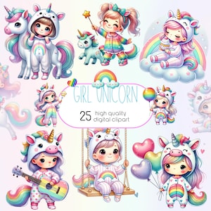 Clipart di unicorno arcobaleno acquerello, unicorno bambina arcobaleno, bambini carini PNG pastello, clipart di unicorno bambino carino, articoli per feste, baby shower