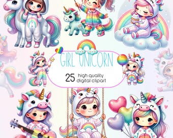 Watercolor Rainbow Unicorn Clipart,Rainbow Little Girl Unicorn, Cute Kids Pastel PNG, Cute Baby Unicorn Clipart, Party Supplies, Baby Shower