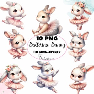 Aquarell Ballerina Bunny Clipart 10 PNG, Floral Bunny Clipart, Ballett-Hasen im Tutu-Kleid, Baby-Kaninchen PNG, Kindergarten PNG, kommerzielle Nutzung
