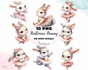 Watercolor Ballerina Bunny Clipart 10 PNG, Floral Bunny Clipart, Ballet Bunnies In Tutu Dress, Baby Rabbit PNG, Nursery PNG, Commercial Use