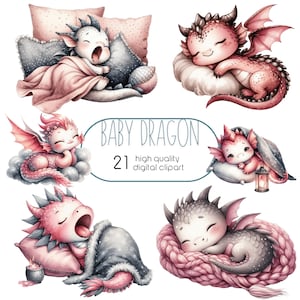Aquarelle mignon bébé dragon clipart, dragon endormi, dragon mignon pastel, décoration de chambre d'enfant, décoration de cartes pour enfants, téléchargement numérique