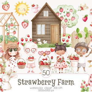 Cottage aux fraises pour enfants PNG, Cottagecore doux aux baies, fraise PNG, décoration de chambre d'enfant, baby shower, animaux mignons ferme rustique, usage Commercial
