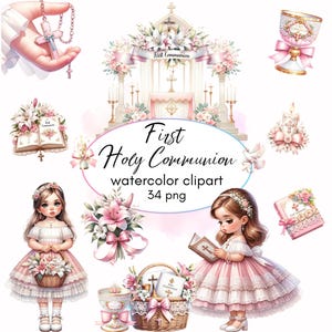 Clipart de primera comunión cristiana en acuarela 34 PNG, clipart de ceremonia de comunión, comunión de niña rosa, clipart de día bendecido, descarga instantánea