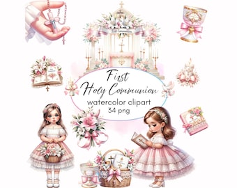 Watercolor First Communion Christian Clipart 34 PNG, Communion Ceremony Clipart, Pink Girl Communion, Blessed Day Clipart, Instant Download