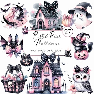 Watercolor Pastel Pink Halloween 27 Clipart, Cute Ghosts, Pumpkins PNG, Pastel Halloween Digital Art for Crafts DIY, Kids Halloween Clipart