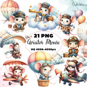 Aquarelle souris aviateur clipart 29 PNG, aviateur petite souris aquarelle clipart - pilote souris et avions PNGs, décoration de chambre d'enfants, avion