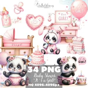 Clipart de chá de bebê rosa aquarela 34 PNG, pacote de clipart de chá de bebê para meninas, clipart de menina, clipart de bebê panda, festa de revelação de gênero