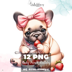 Aquarell Baby Französische Bulldogge Essen 12 PNG, Französische Bulldogge PNG, Haustierliebhaber Grafiken PNG, Süßer Welpe Essen, Französische Bulldogge & Erdbeere