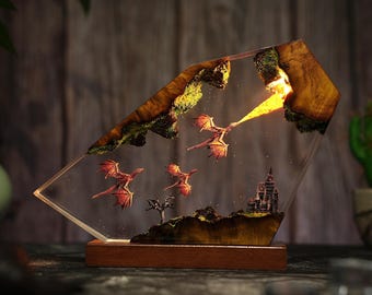 Fire Dragon Attack Resin Lamp – Handmade Fantasy Diorama Night Light with LED Flames, Dragon Scene Table Decor, Mythical Creature Gift