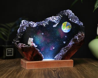 Space epoxy resin lamp, Universe Lamp, Galaxy Resin Night Light, Space X, LED Universe Art Light with Planet, Custom Space Gift for Dad