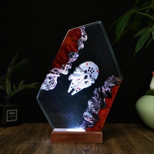 Handmade Space Galaxy Resin Lamp Wood Night Light, Halloween Xmas Gift, Star Wars X-Wing Diorama Light, Xwing Starfighter, Millennium Falcon