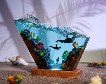 Family Orca and Diver Ocean Resin lamp, Custom Night Light,Art Decor Lamp,Resin Wood Art, Handcrafted Gift for her, Killer whale night light