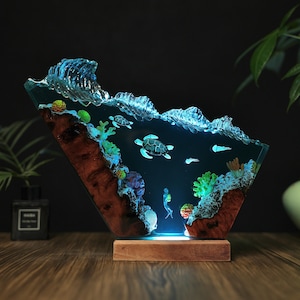 Luminária de resina artesanal com tartarugas e sereias: luz noturna de arte em madeira oceânica, arte em resina, presente para casa, presente para criança, Natal exclusivo