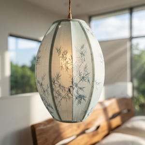 Silk Lantern Pendant Light | Japandi Bamboo Leaf Pattern Ceiling Lampshade | Oval Hanging Lantern | E27