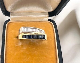 Vintage You and Me Ring, White and Yellow 14k Gold Ring, Sapphires and Diamonds, Natural Sapphires Ring, Natural Diamonds, Gift for Her