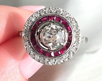Art Deco Engagement Ring, Platinum, Diamonds, and Ruby Halo French Circa 1930