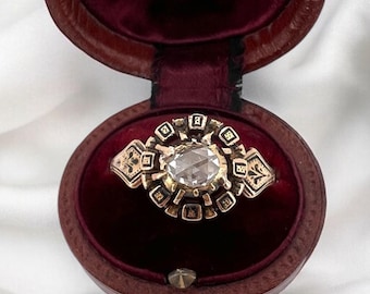 Néo-Renaissance Ring, 18k yellow Gold Ring, Black Enamel Ring, Natural Rose Cut Diamond, Unisex Ring circa 1890