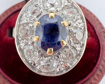 Vintage Halo Ring, 18k Gold, Sapphire and Diamonds, Engagement Ring, Birthday Ring, Gift for Her, Antique French Made Ring, Luxury Ring