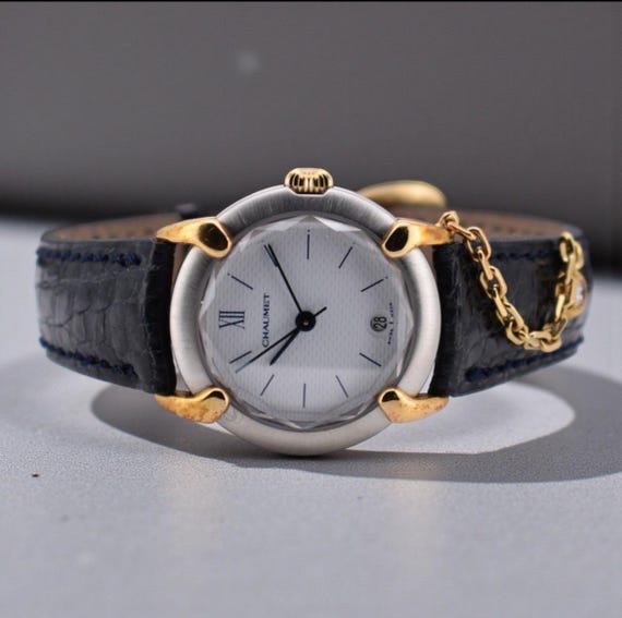 Chaumet Elysées Women’s Watch 1990s 18K Gold Steel Diamond Leather Quartz Luxury Vintage