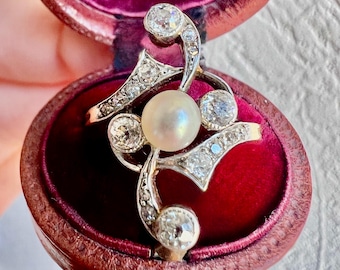 Antique Art Nouveau Pearl Diamond Ring, 18K Gold Platinum, Circa 1910