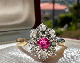 Vintage 18k Gold Ruby and Diamond Cluster Ring • Floral Daisy Halo • Antique Engagement Ring France