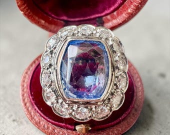 Art Deco Unheated 4 Carats Ceylon Sapphire and Diamond Ring | Antique Cluster Ring