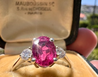 Vintage French 18k Gold Trilogy Ring • 1ct Natural Ruby & Diamond • Antique 3 Stone Engagement Ring