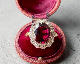Victorian Garnet Diamond Daisy Ring in 18K Gold - French Antique Jewelry