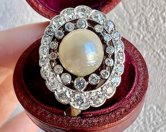 Edwardian Natural Pearl and Diamond Ring in Platinum - Antique 1910, Certified LFG Paris