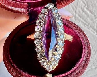 French Antique Marquise Ring in 18K Gold, Natural Amethyst and Diamonds | Belle Époque (1910)