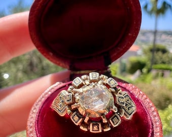 Néo-Renaissance Ring, 18k yellow Gold Ring, Black Enamel Ring, Natural Rose Cut Diamond, Unisex Ring circa 1890