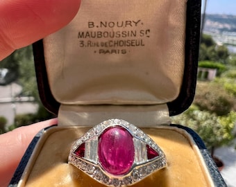 Bague vintage en platine avec rubis et diamants Art déco – rubis 2 carats, diamants 1 carat