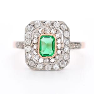 Antique Belle Époque Emerald and Diamond Ring – 18k Gold Vintage Engagement Ring – French Fine Jewelry
