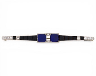 Art Deco Platinum Diamond Onyx Lapis Lazuli Bar Brooch Circa 1920