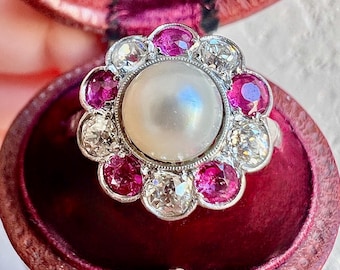 1920s Art Deco Ring – Natural Pearl, Ruby & Old Cut Diamonds, Antique Vintage Jewelry
