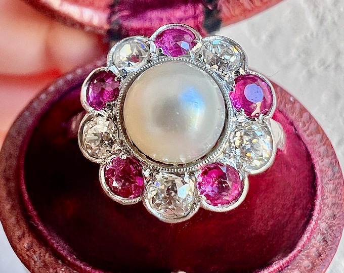 Featured listing image: 1920s Art Deco Ring – Natural Pearl, Ruby & Old Cut Diamonds, Antique Vintage Jewelry