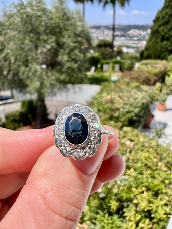 Bague Art Déco, Saphir Naturel (2 Carats) Et Diamants Taille