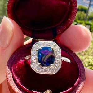 Art Deco Platinum Sapphire Ring: 1ct Diamond Halo, 1920s Engagement