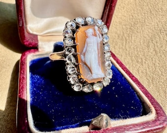 Antique Victorian Cameo Ring – Agate & Rose Cut Diamonds – 18k Gold and Silver (c. 1880)