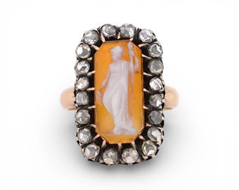 Antique Victorian Cameo Ring – Agate & Rose Cut Diamonds – 18k Gold and Silver (c. 1880)
