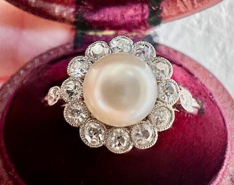 Antique French Belle Époque Daisy Ring, Platinum, Pearl and Diamonds (1910) | Estate Jewelry
