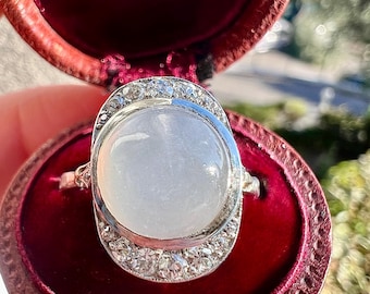 Art Deco Moonstone Ring in 18k Gold with Diamond Halo – Vintage Inspired Engagement Ring – White Gold Statement Ring