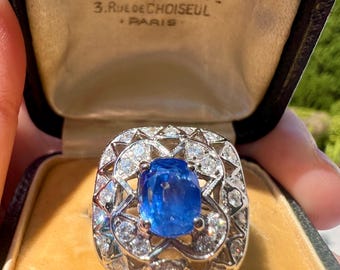 Bague vintage saphir 1,80 carat et diamant, style Art déco