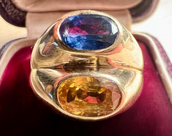 Vintage 18k Gold Double Band Ring with Natural Yellow & Blue Sapphires