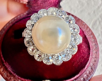 Antique Edwardian Daisy Ring, Platinum, Natural Sea Pearl and Diamonds (1910) | Estate Jewelry