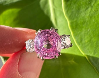 Three Stones Ring, 18k White Gold, Natural Ceylon Pink Sapphire, certified Sapphire 4.84 CTW