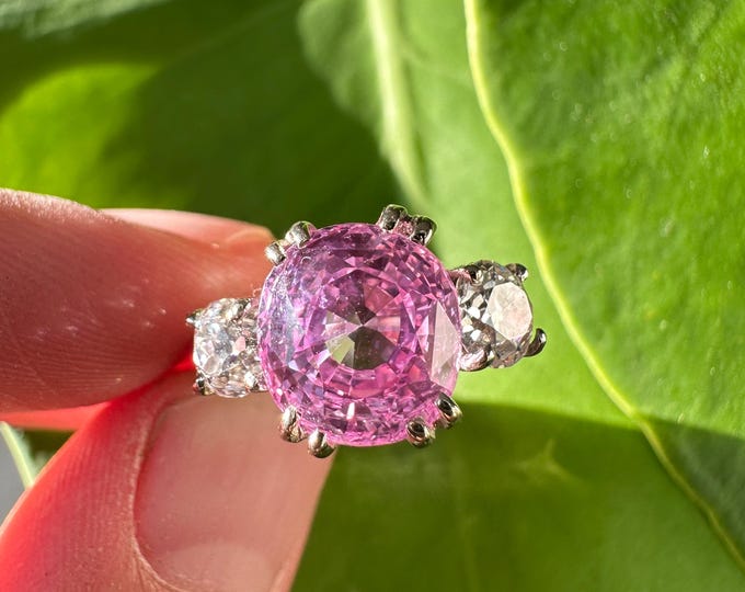 Featured listing image: Three Stones Ring, 18k White Gold, Natural Ceylon Pink Sapphire, certified Sapphire 4.84 CTW