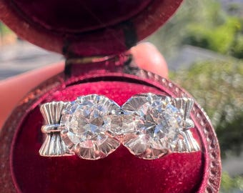 Vintage Art Deco Platinum Toi et Moi Ring – Old European Cut Diamond Ring – Antique Engagement Ring – 1945s Statement Jewelry - French