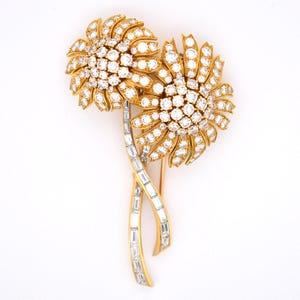 Large Vintage 18k Gold Floral Brooch with Diamonds VVS/E – French Fine Jewelry 1950